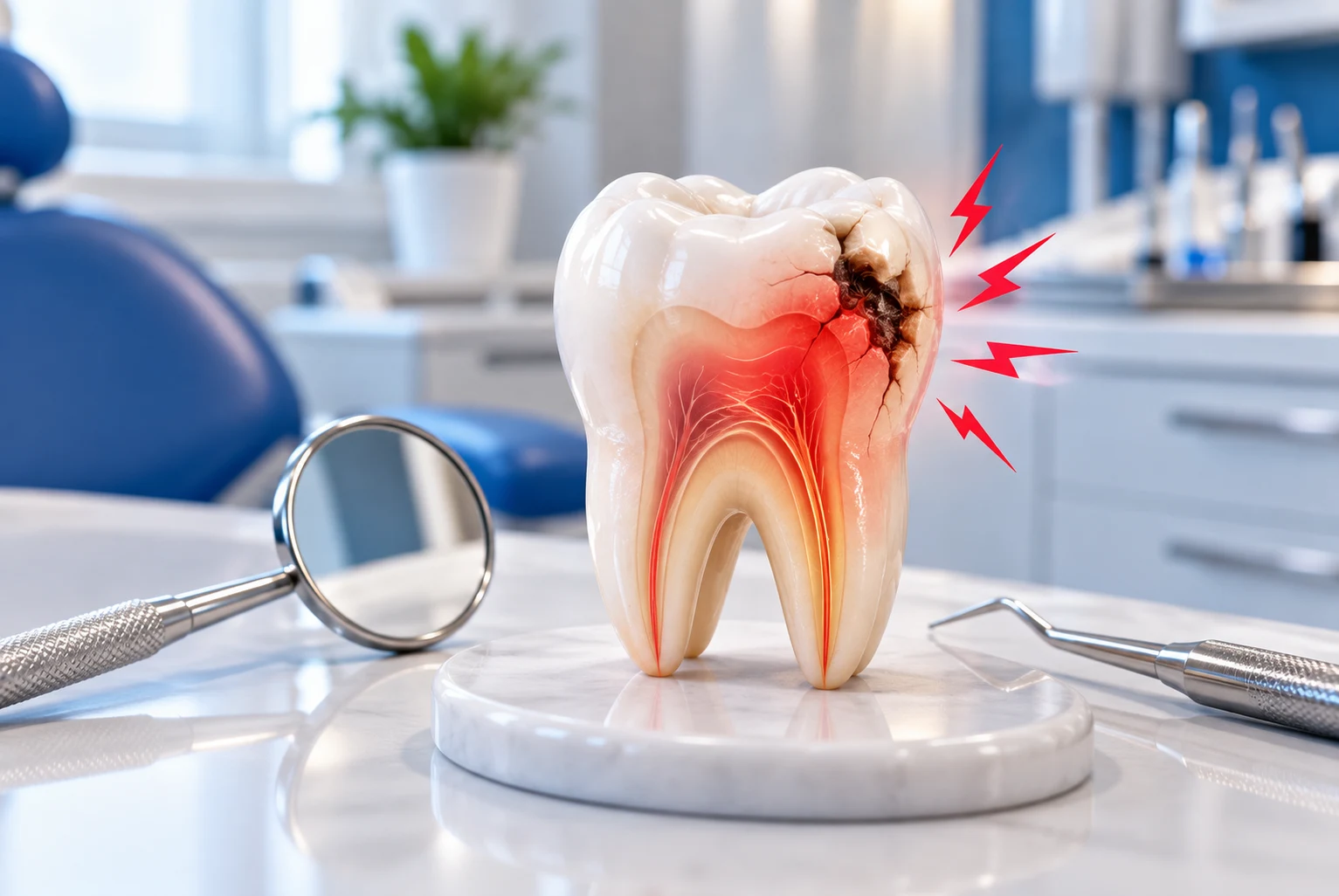 A tooth is painful or sensitive